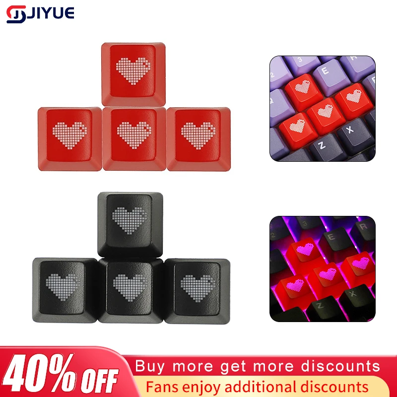 Red Shine Through Keycaps ABS Etched, Shine-Through Pixel Heart Black Red Custom Mechanical Keyboards OEM Profile Double Shot