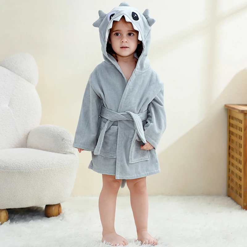 

MICHLEY Shark Dinosaur Hooded Baby Bathrobe Cotton Soft Infant Bath Towel Robe Pajamas For Kids Boy Girl Children 1-5T