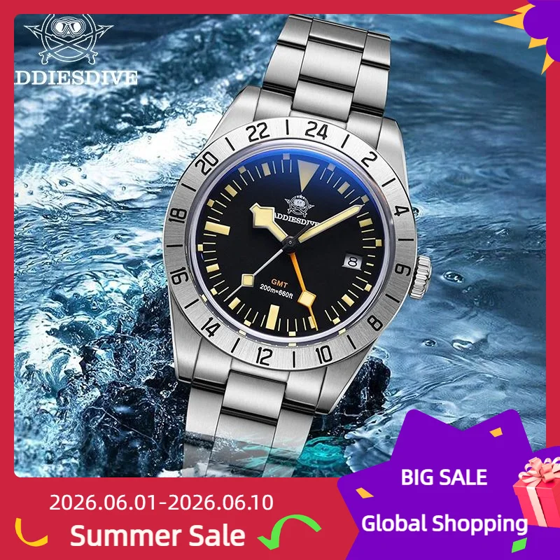 

ADDIESDIVE AD2036 GMT Men's Watch 200m Waterproof Luminous Bubble Glass Watches Stainless Steel Dive WristWatch New Reloj Hombre