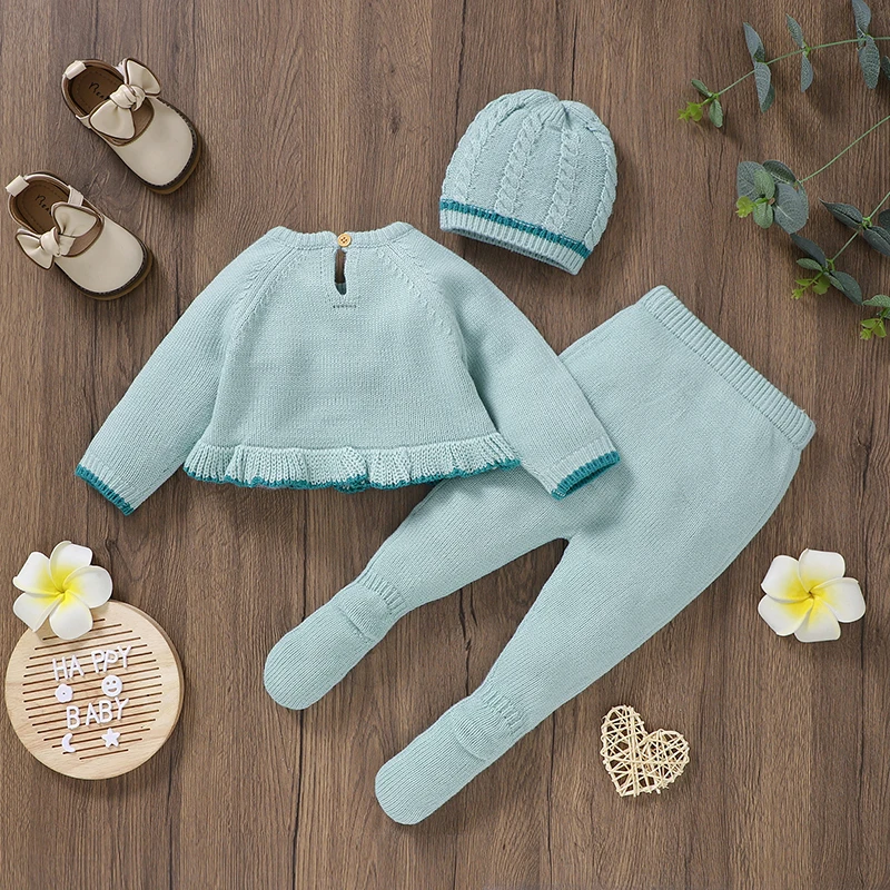 3PCS Newborn Baby Clothes Set Knit Infant Kid Pullover Trousers Hat 0-9M Warm Girl Long Sleeve Sweater +Pants Foot Wrapping Fall