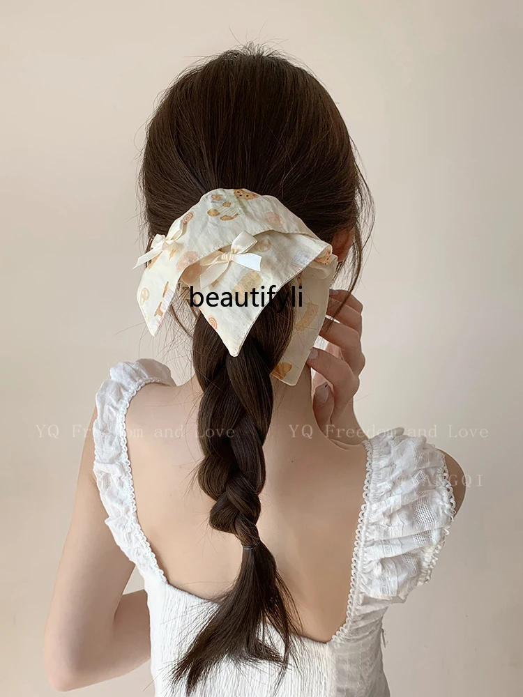 

Small Floral Bow Square Scarf Lace Large Intestine Hair Ring Female Retro High Sense Niche Ponytail Hair String Hair Accessories