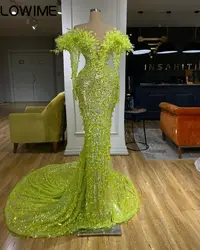 Lime Green Feathers Off Shoulder Long Sleeves Prom Dresses Sparkle Crystals Black Girls Mermaid Formal Event Party Gowns