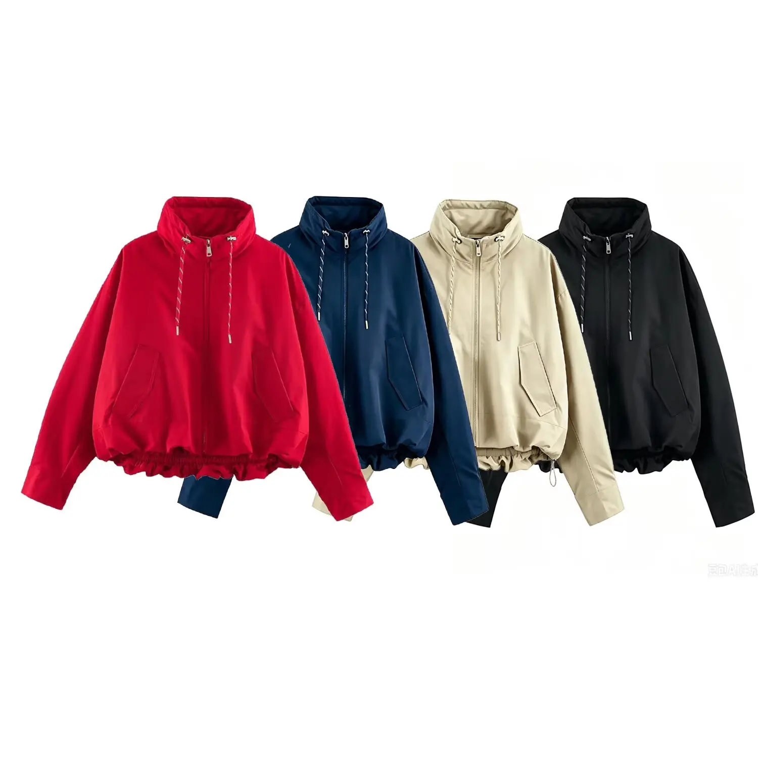 BSAY 2026 Herbst Damen Kurze Gefütterte Jacke Stehkragen Kordelzug am Saum Reißverschluss Langarm Locker Lässig mit Taschen Oberbekleidung Mantel – Detail 2
