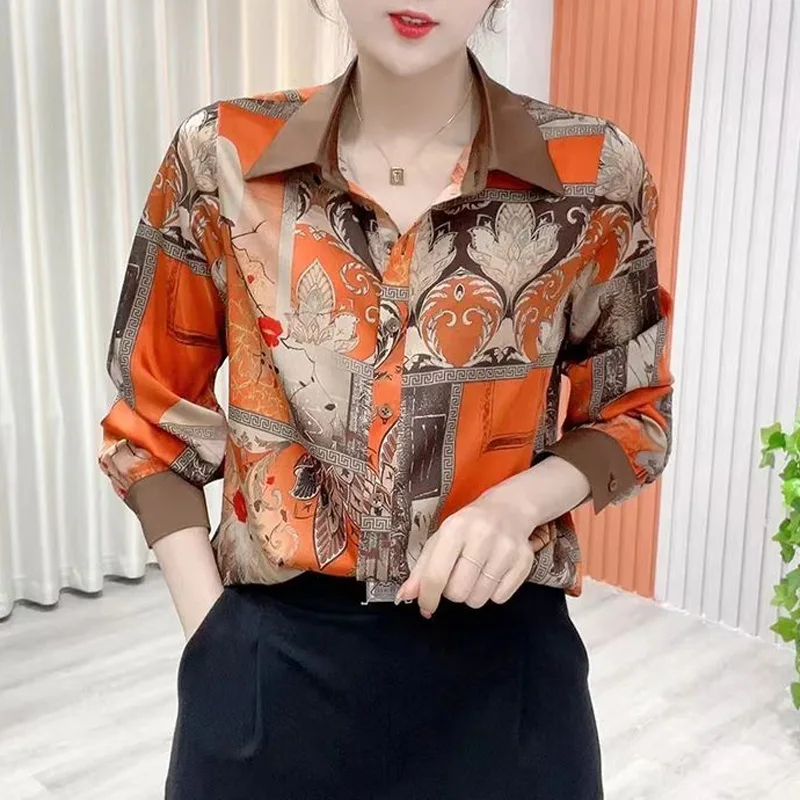 2023 New Spring and Autumn Fashion Trend Commuter Simple Printed Polo Collar Contrast Loose Relaxed Versatile Women\'s Shirt