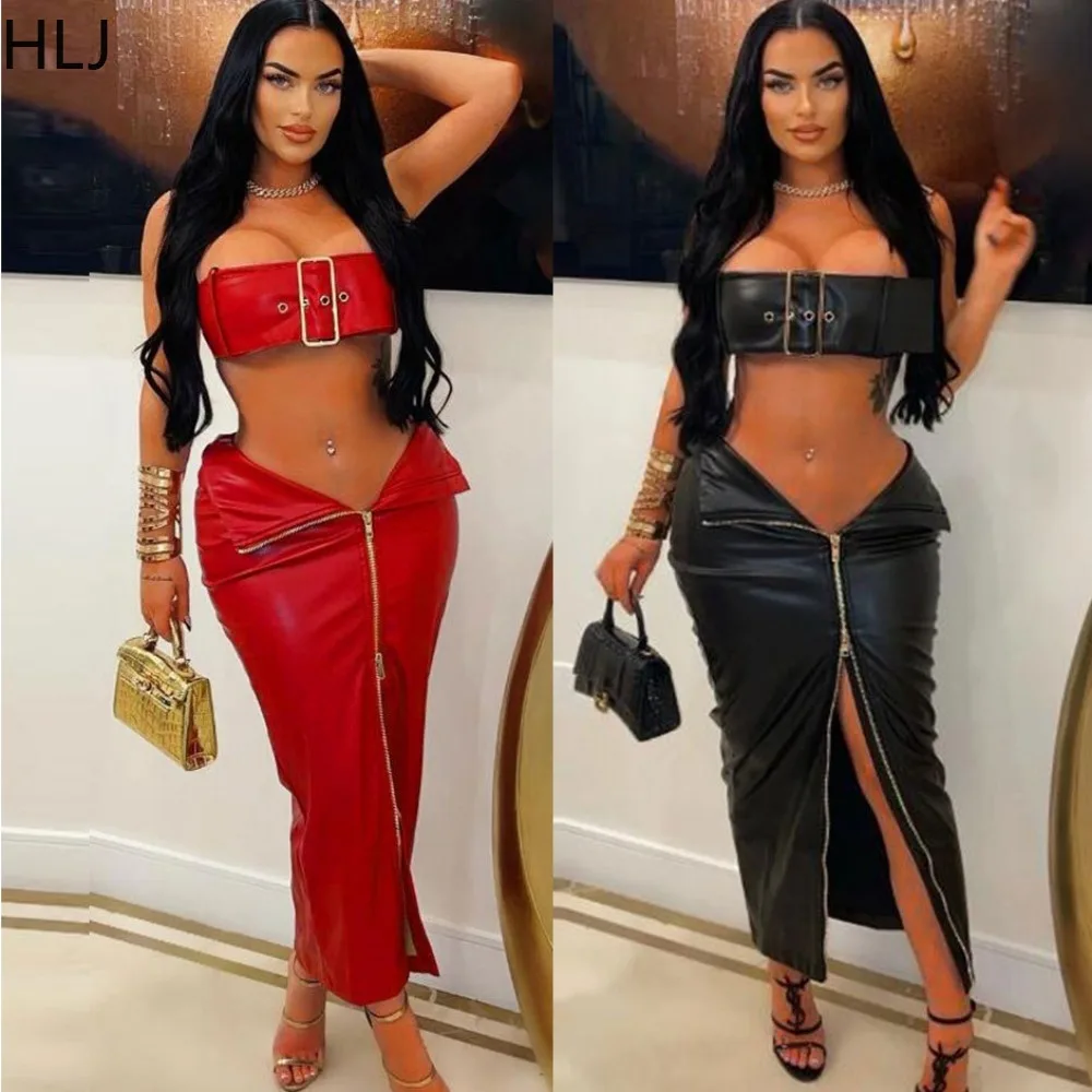 

HLJ Fashion Street Style Women PU Leather Metal Buckle Tube And Zipper Slit Skinny Skirts Two Piece Sets Sexy Nightclub Clothing