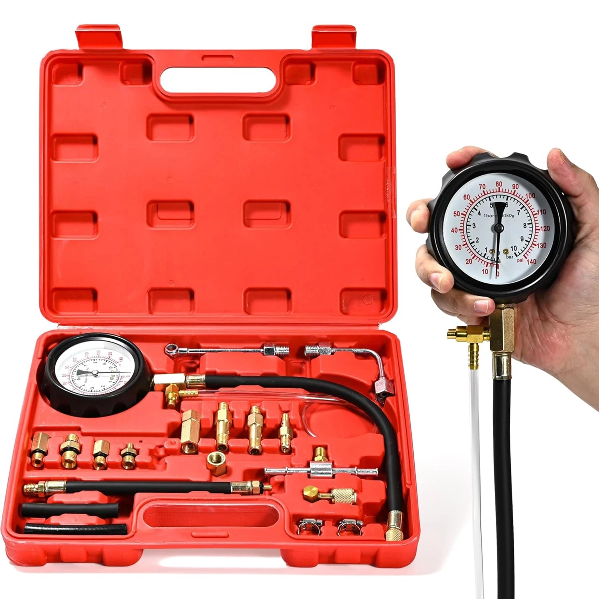 Car 0~10Bar Replaceable Compression Fuel Injection Pressure Gauge Diagnostic Tester Tools Kit with Valve & Drain Hose 0-140psi