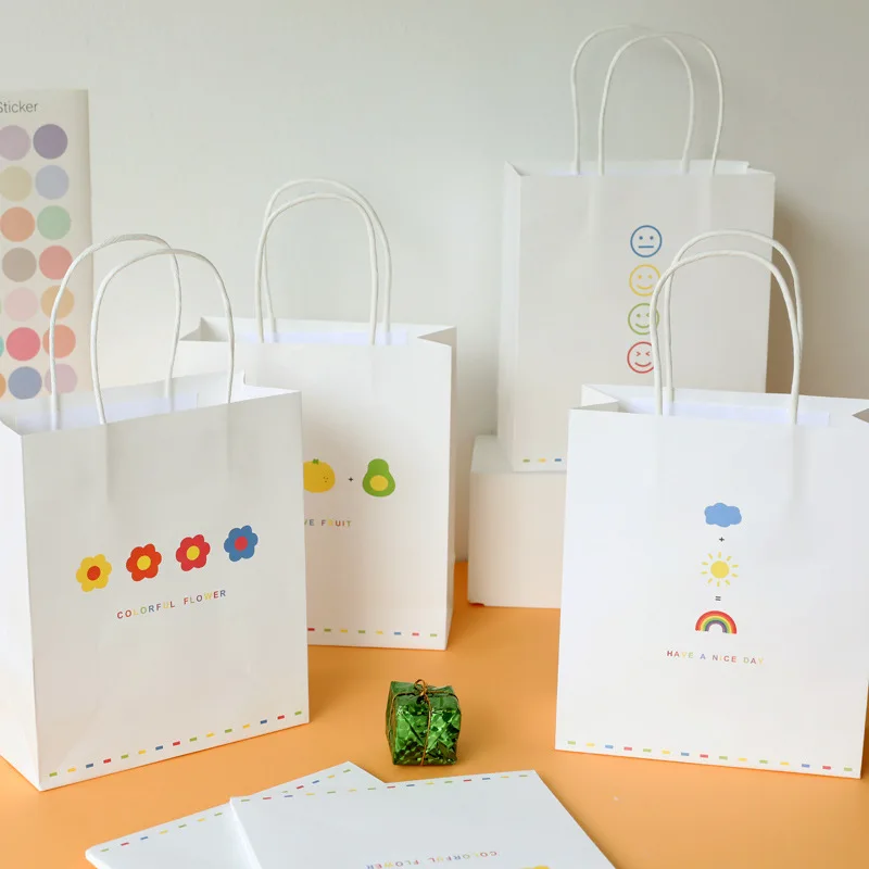 20Pcs/Lot Ins Style Simple Portable Kraft Paper Bag Cute Fruit/Expression/Weather Pattern Gift Packaging Bag