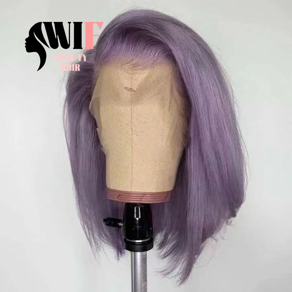 WIF Purple Bob parrucca sintetica in pizzo Bob corto parrucca anteriore in pizzo con parte laterale diritta naturale Ash Purple Cosplay usa capelli Bob da donna