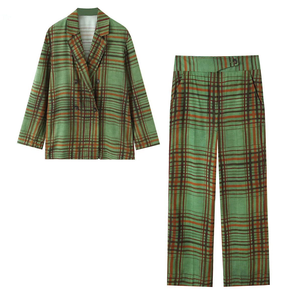 Blazer drapeado a cuadros para mujer, pantalones acampanados cortos a cuadros, conjunto de blazer doble a cuadros verde y naranja y pantalones de pierna ancha IMXY