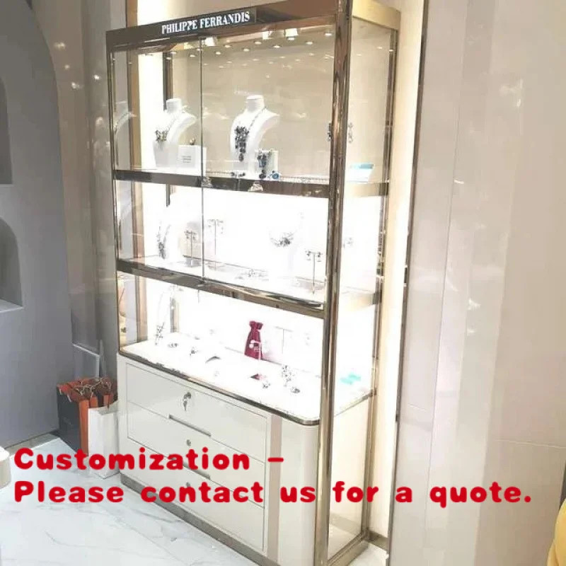

custom.Stainless Steel Jewelry Shop Window Showcase with LED Lighting Gold Display Showcase Retail Shop