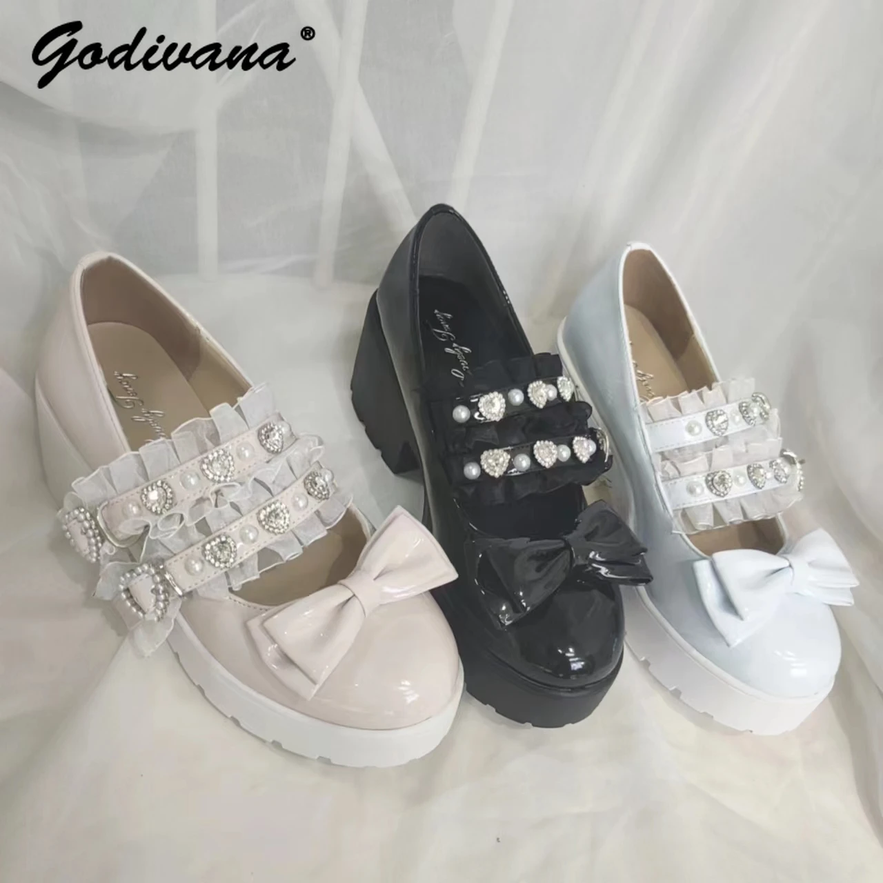 

Japanese-Style Retro Pearl Rhinestone Height Increasing Lolita JK Leather Shoes Bow Mary Jane Chunky Heel Pumps Women Girls