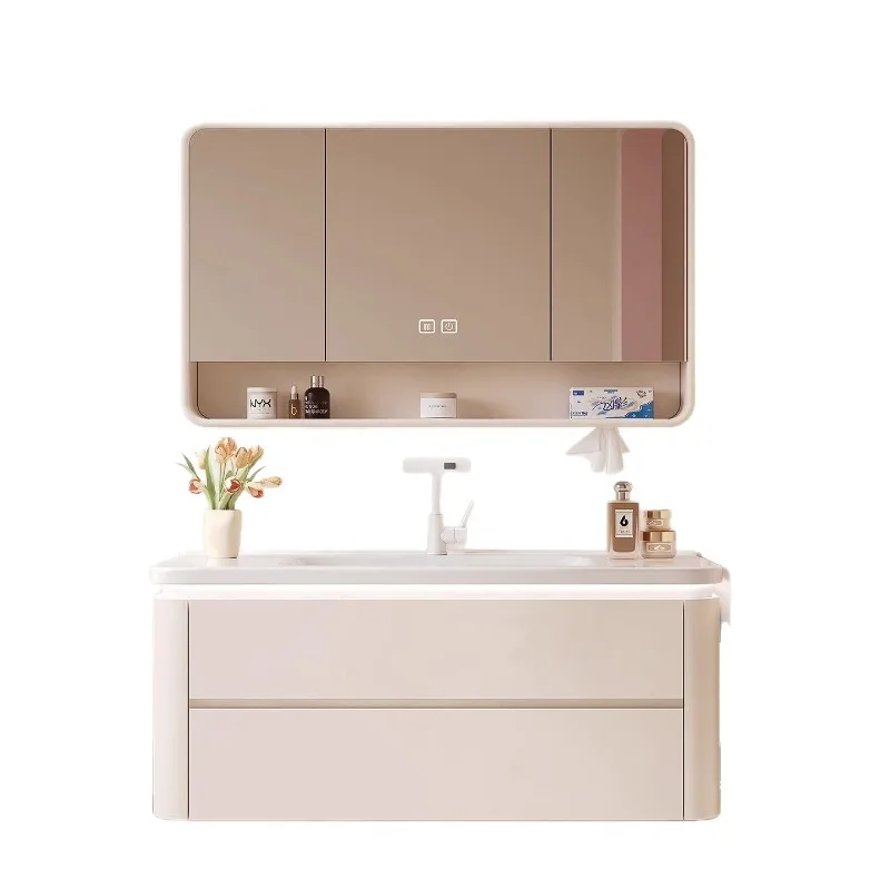 Avocado green dopamine bathroom cabinet, rounded corners, integrated ceramic basin, washstand, toilet, sink.