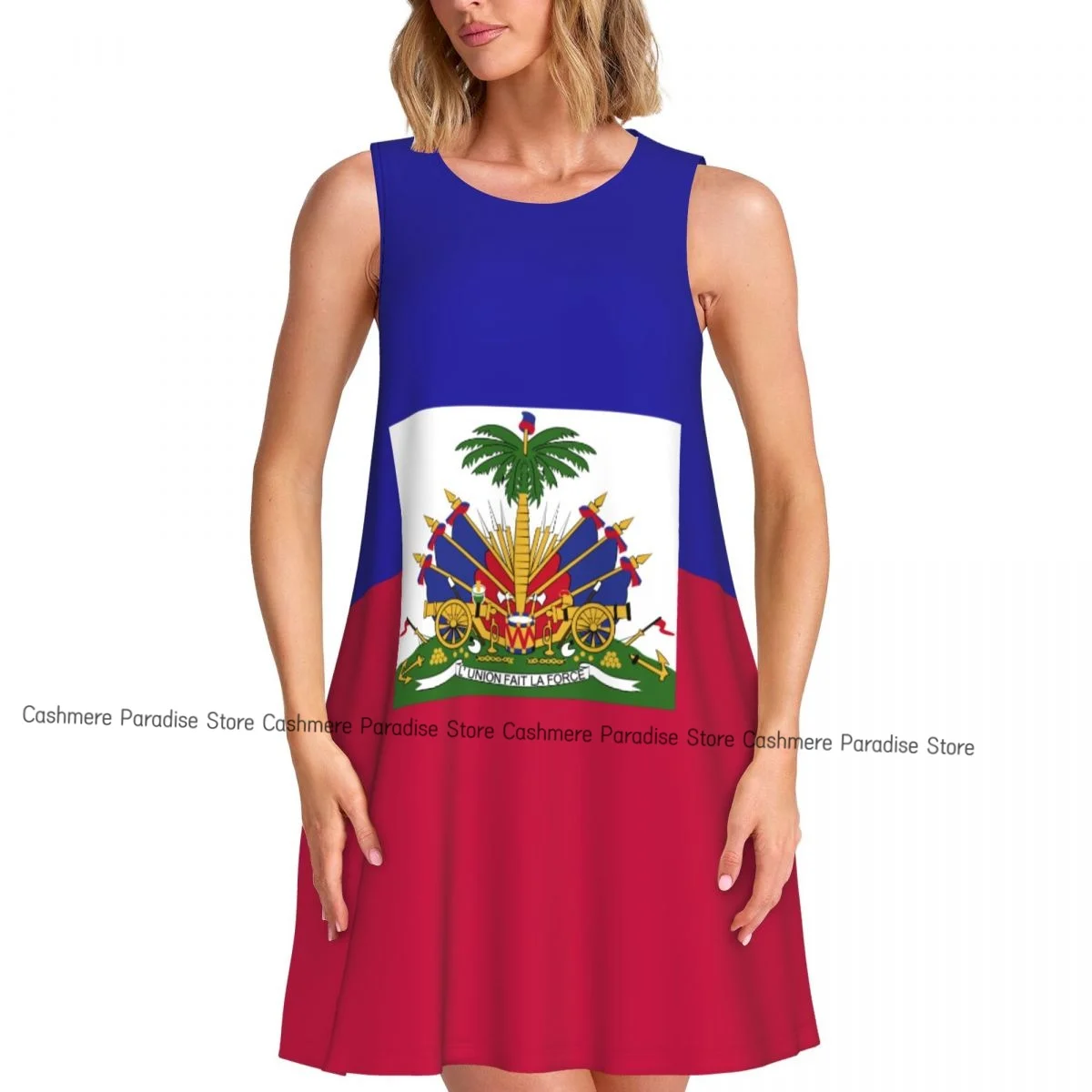 2025 Women's clothing Dresses Haiti Flag Round Neck Sleeveless Length Dress
