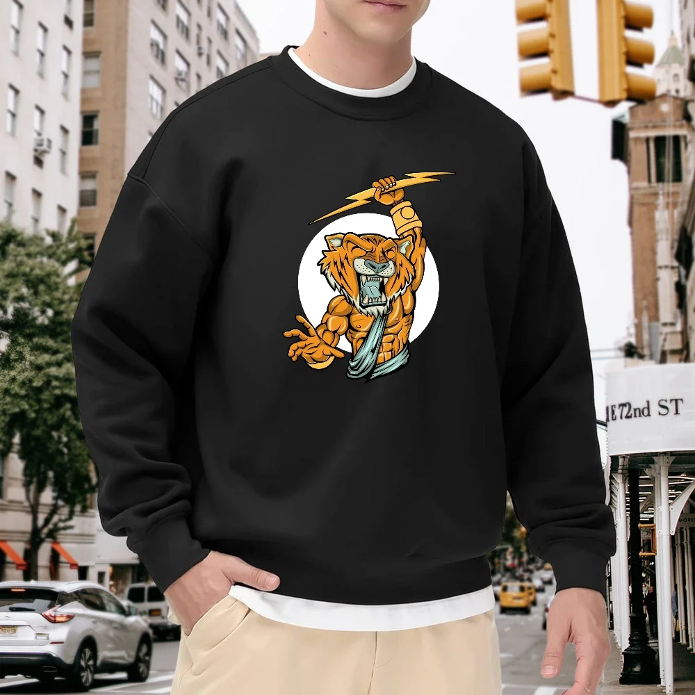 

Men's Black Round-Neck Loose Sweatshirt, Cartoon Tiger Print Pullover, Street Fashion Casual Top, Versatile and Comfortable Breathable Style for Everyday Wear
