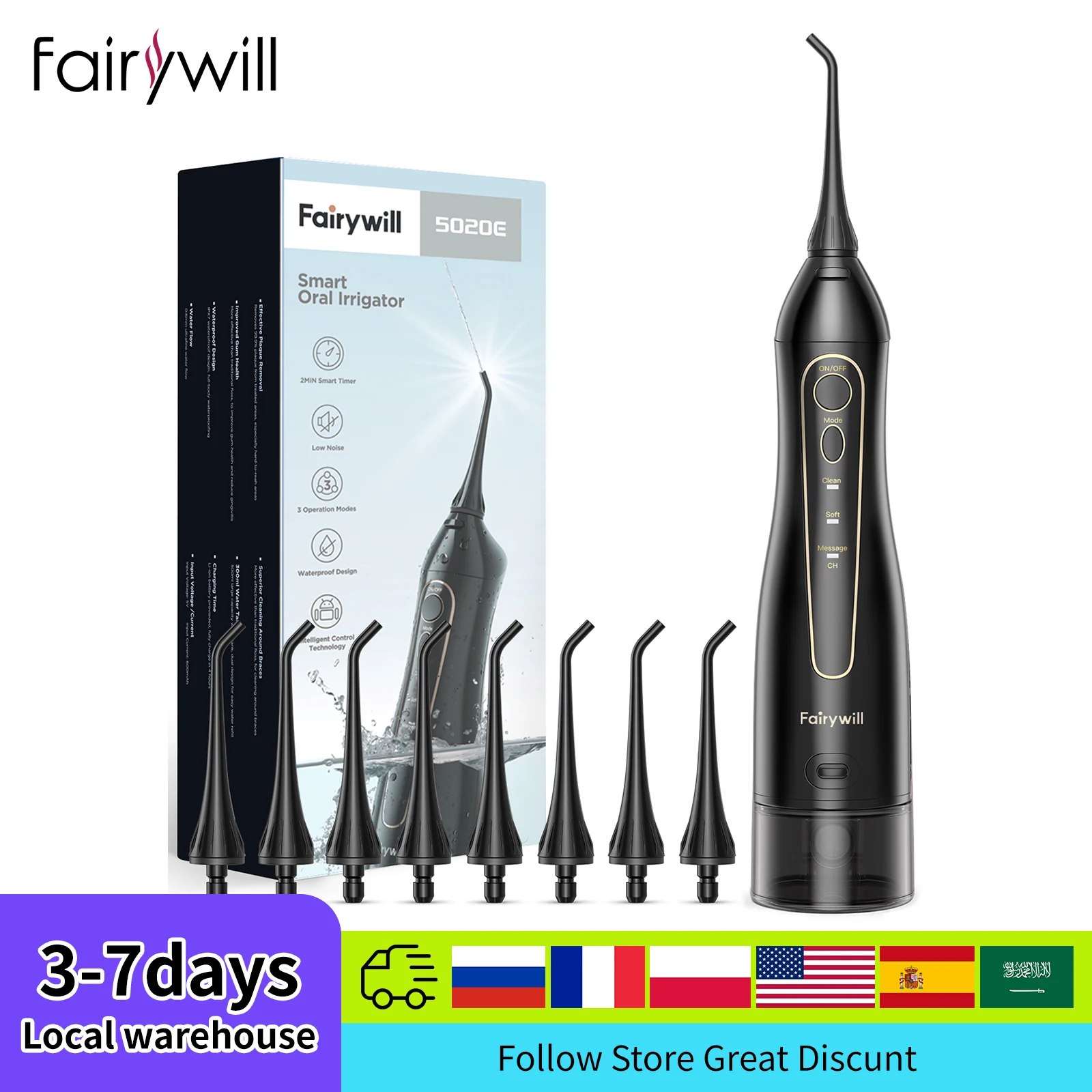 

Fairywill Water Flossers Ирригатор для полости рта 300 мл Ирригатор для зубной нити Очиститель зубов 3 режима Водонепроницаемый очиститель зубов для взрослых