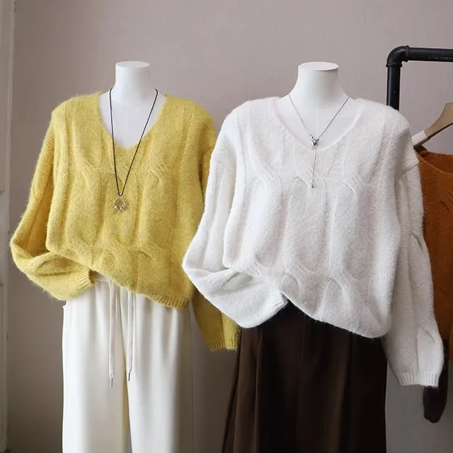 

Свободный свитер с v-образным вырезом и большим узлом, женский осенне-зимний ленивый свитер, элитный мягкий уютный вязаный топ, модный Ele