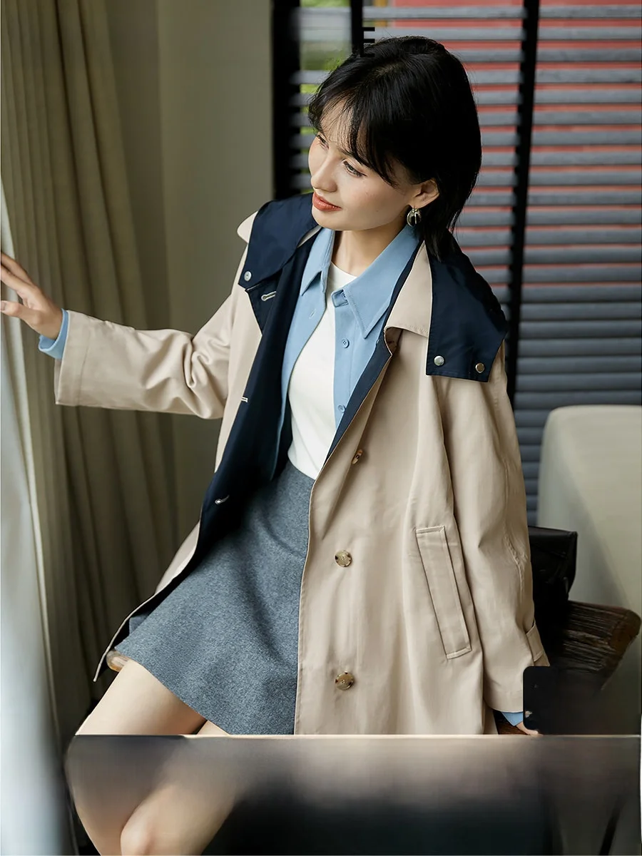 

Xhange Double-Sided Wear Fleece Windbreaker Special Fluorine Coating Anti-Water Anti-Dirt Hooded Color Block Style Women's Coat