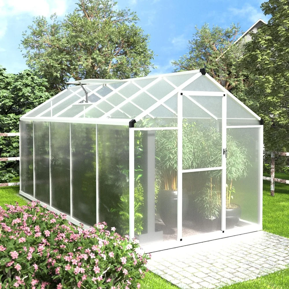 

6' x 10' Greenhouse, Double-Wall Polycarbonate Green House with Adjustable Vent, Aluminum Frame, Rivet Structure, Greenhouses f