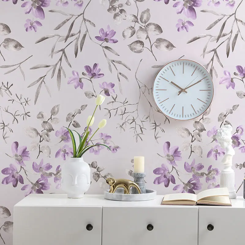 American Retro Purple Pastoral Floral Wallpaper Rural Non-woven Flower Wallpaper Living Room Bedroom TV Background Wall Stickers