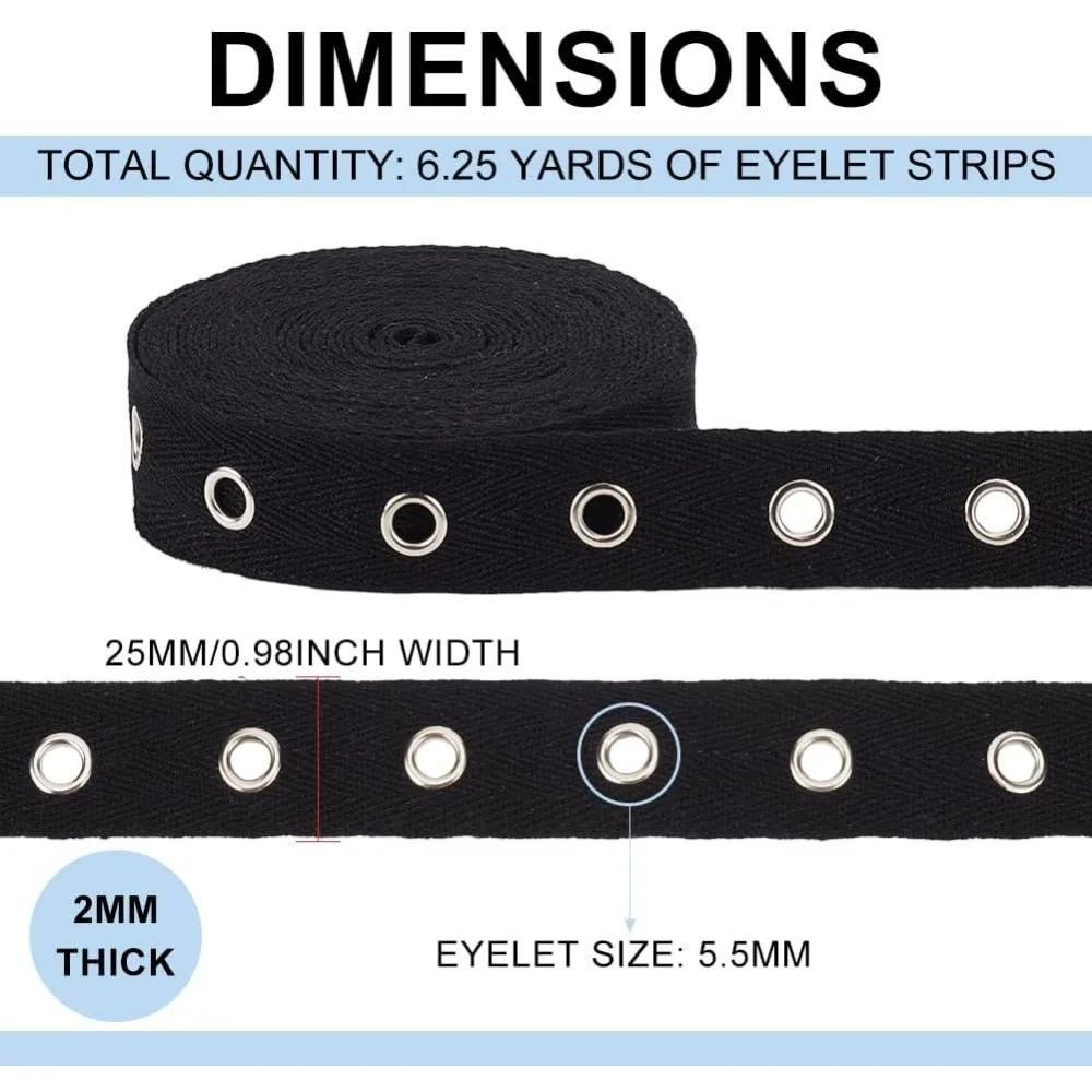 1Set 6.25 Yards Cotton Grommet Tape Eyelet Tape 1inch Wide Black Eyelet Grommet Tape Twill Tape with Silver Eyelet for Sewing