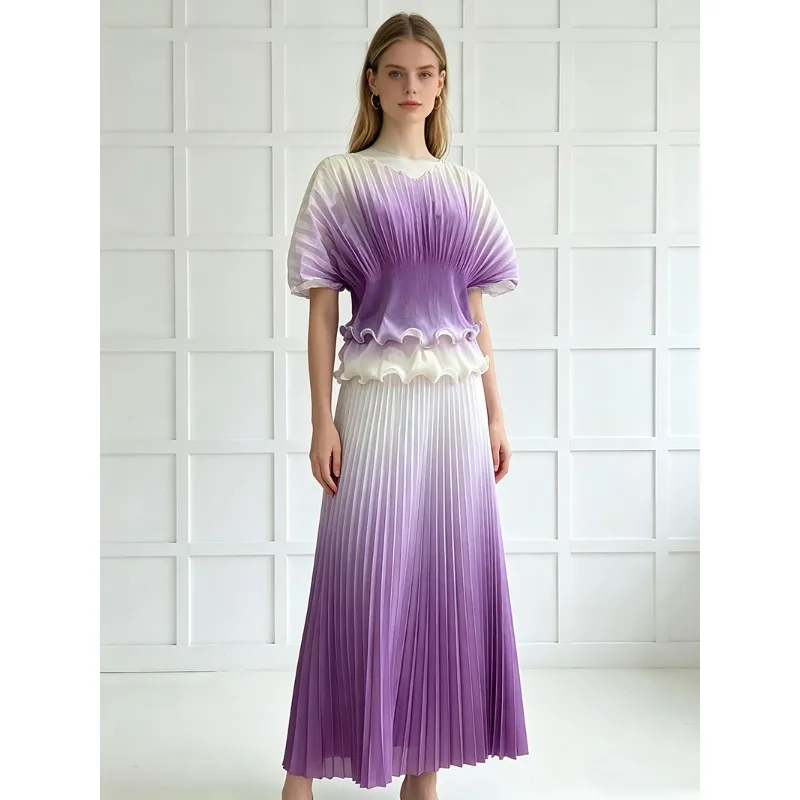 SuperAen Printed Gradient Color Pleated Edible Tree Fungus Loose Tops High Waist Oversize A-line Skirt Women's Two Pieces Sets
