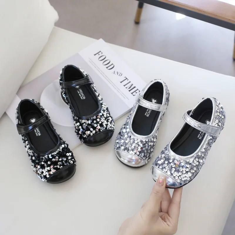 

High Quality Twinkling Baby Flats Patch Black Silver Autumn Spring Autumn Dress Shoes For First Birthday For Little Princess