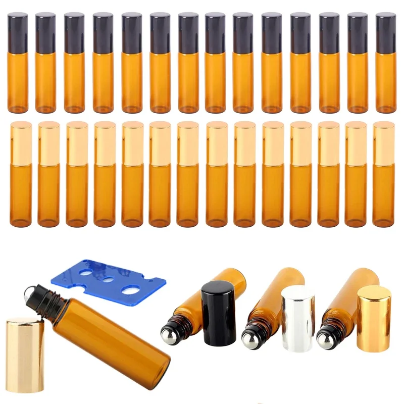 10Pcs 1/2/3/5/10ml Amber Empty Mini Glass Roller Balls Bottles Sample Roll-on Vials Containers for Aromatherapy Essential Oil