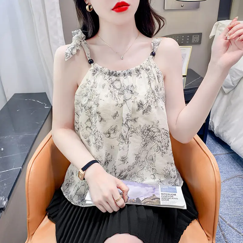 سترة بحمالات على شكل زهور للنساء مع بلوزة شيفون أنيقة قصيرة بدون أكمام للنساء