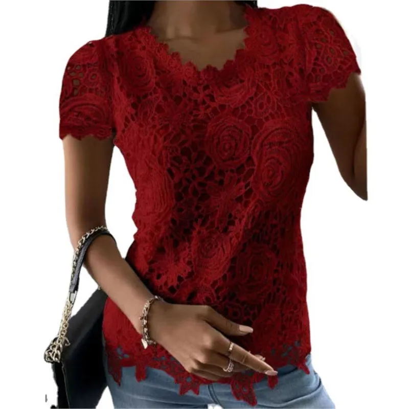 Women Autumn Sexy White Lace Patchwork Shirt Blouse Long Sleeve O-Neck Mesh Top 2023 Spring Elegant Hollow Out Shirts Pink S-5XL