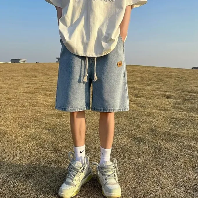 Celana Pendek Denim Pria Gaya Hong Trendi Celana Pendek Ala Jalanan Gaya Amerika Serut Antik Ceruk untuk Musim Panas
