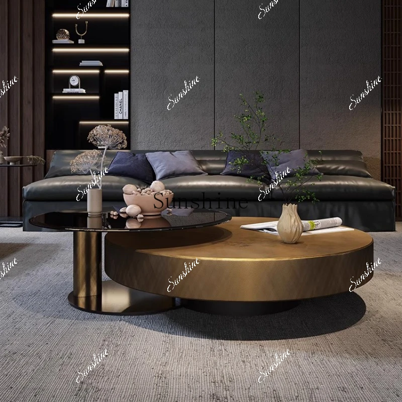 Italian minimalist light luxury round coffee table carbon tempered glass modern design, large apartment living room, combination