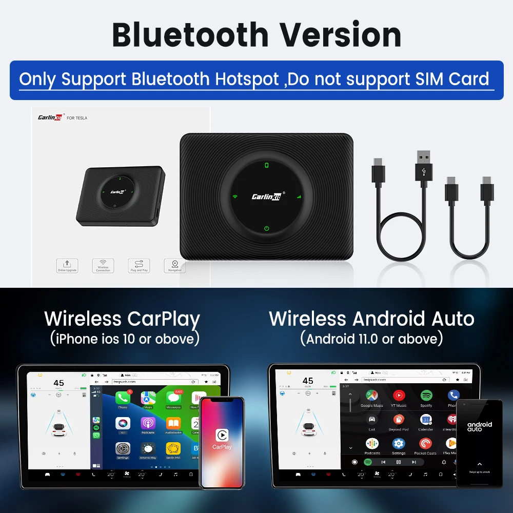 CarlinKit T2C Draadloze Android Auto CarPlay Voor Tesla Model 3 Model Y 2.4G & 5 Ghz WiFI BLE Auto Connect Easy Connect Smart Ai Box