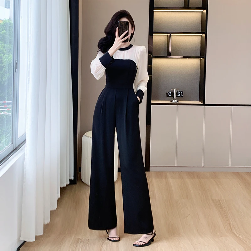 Chic Korean Black Patchwork Jumpsuit Women Spring Summer High Waist Office Lady Jumpsuits Combinaison Femme Elegant Overalls