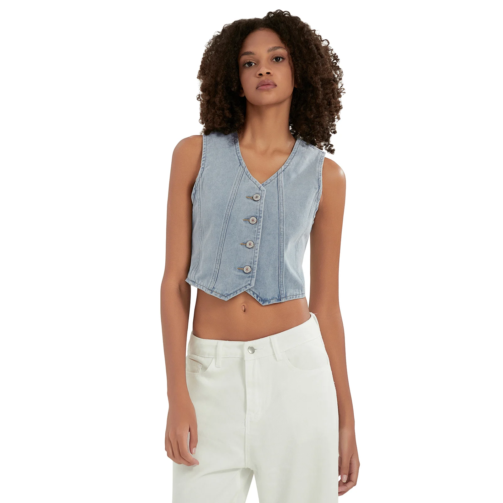 

Women's Denim Vests Casual Solid Color Button-up V-Neck Sleeveless Jean Waistcoat Crop Jacket Streetwear