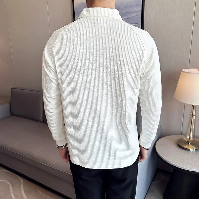 Men High Elastic Long Sleeve Polo Shirts 2024 Autumn Winter Knitted Pullover Turn Down Collar Slim Fit Solid Casual Tee Shirt