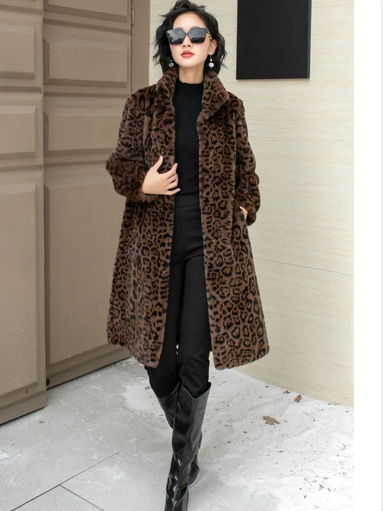 Outdoor Sports Warm Casual Long Parkas Fashion Women Jacket Leopard Print Faux Mink Fur Casual Loose Winter Coat