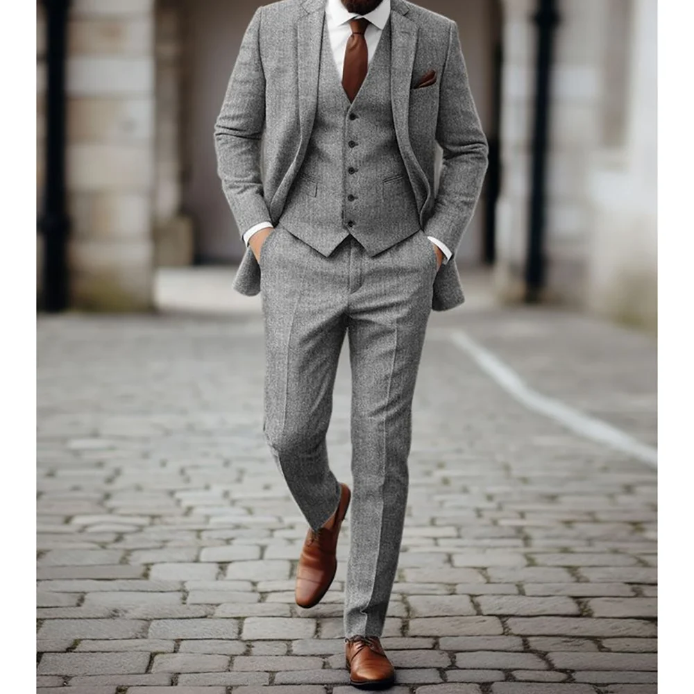 High-end Elegant Grey Single Breasted Lapel 3 Pieces(Jacket+Pants+Vest) Male Formal Wedding Party Set