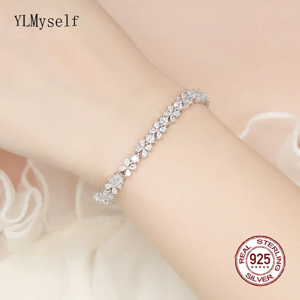 

Solid Real 925 Jewelry For Women Pave Teardrop & Square cubic zircon Pure Silver Flower Bracelet For women