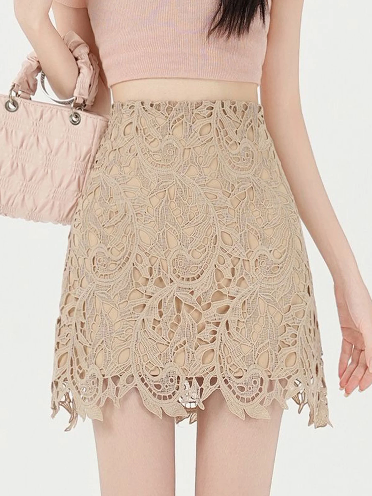 High Waist Lace Hollow out Bridesmaid Skirt Women's Sexy Slim Fit  Skirt Korean Style Commute Anti-Static Inner 
