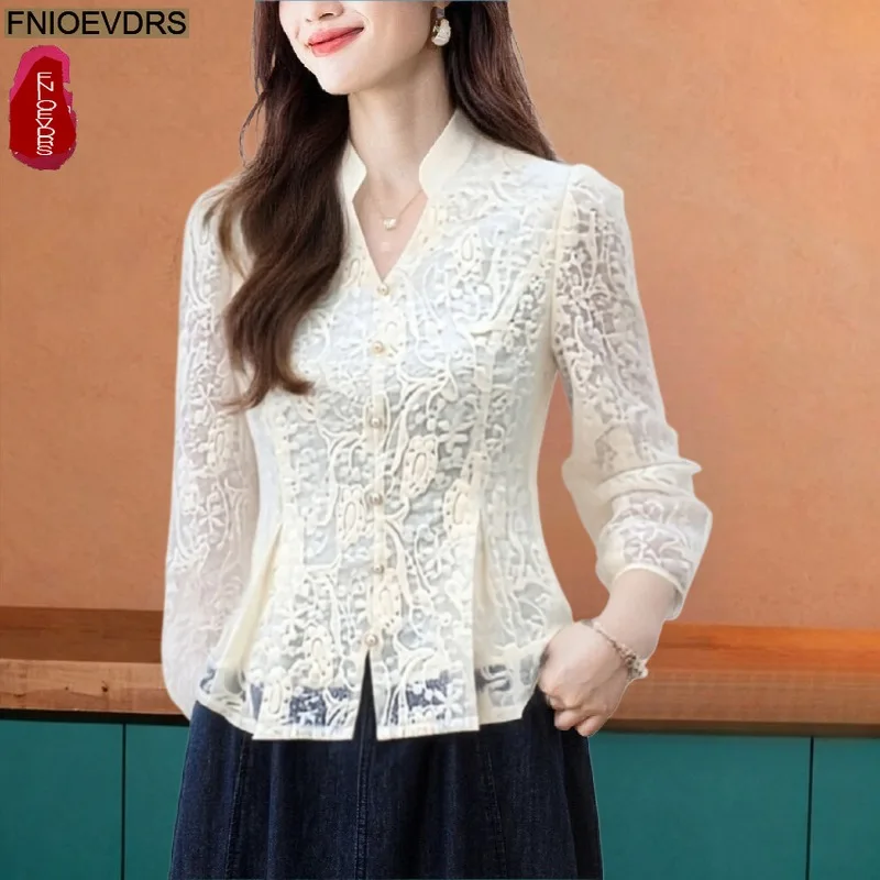 

Новые кружевные блузки с вырезами 2026: Весенне-летние офисные рубашки для женщин, элегантный французский дизайн, базовые модели для работы и повседневной носки
