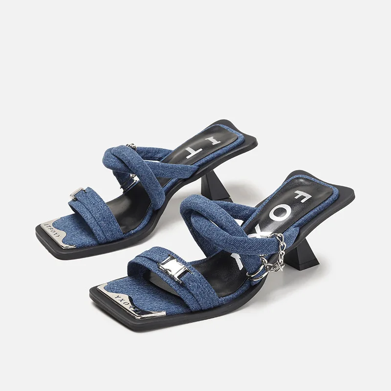 

fashion flip flops denim leather shoes woman sandals Square head high heels female slippers footwear women party casual shoes