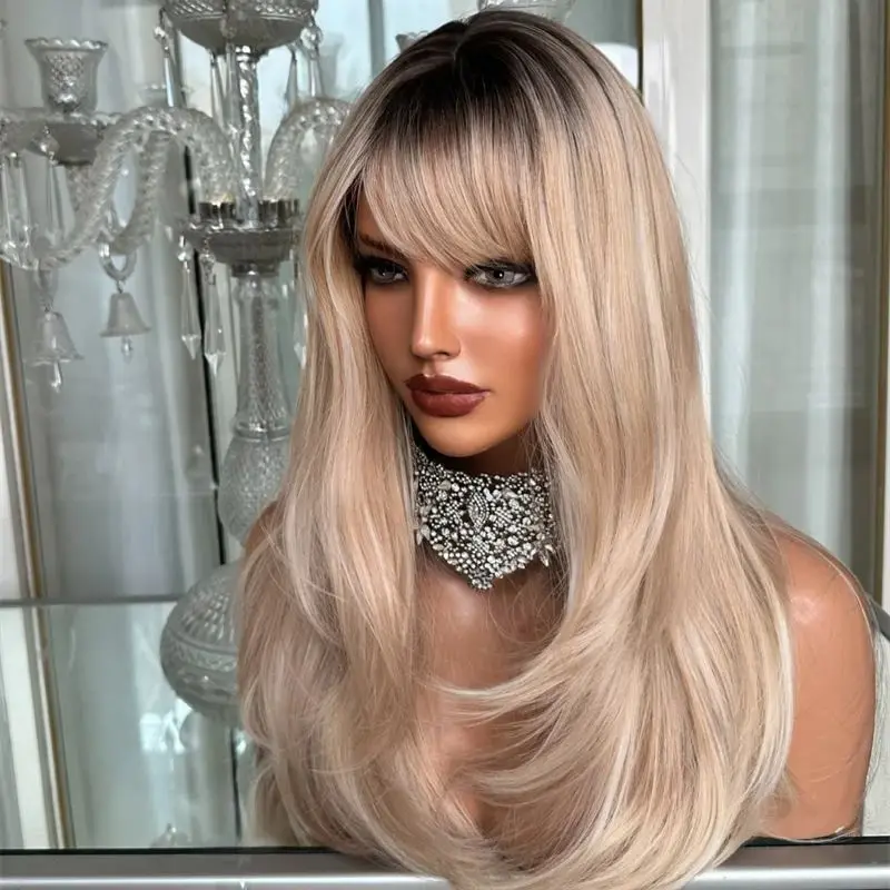 

Natural Dark Roots Ombre Creamy Blonde Balayage Luxury Synthetic Lace Front Wig with Bangs Glueless Wig for Women High Quality
