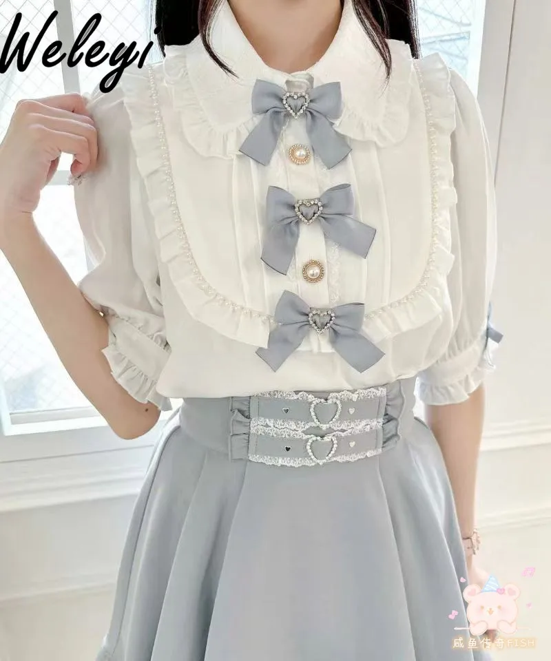 

Sweet Jirai Kei Shirts for Women Japanese Style Rojita Three Bow Doll Collar Blouse Mass Production Cute Short Sleeve Shirt