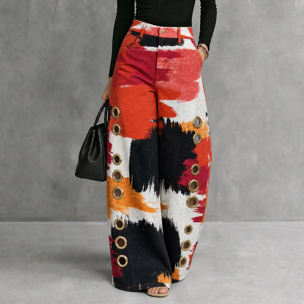 Women's Color Block High Waist Wide Leg Pants Fashion Metal Eyelet Hollow Out Pockets  Loose Casual Daily Office Trendy Trousers