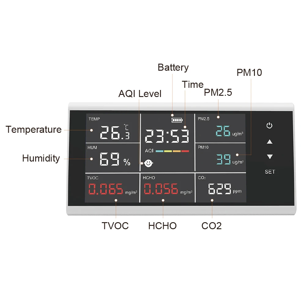 Latest DM155C 9 in 1 Air Quality Detector Industrial CO2/PM2.5/HCHO Sensor Tester Touch Display Desktop Home Monitoring Systems