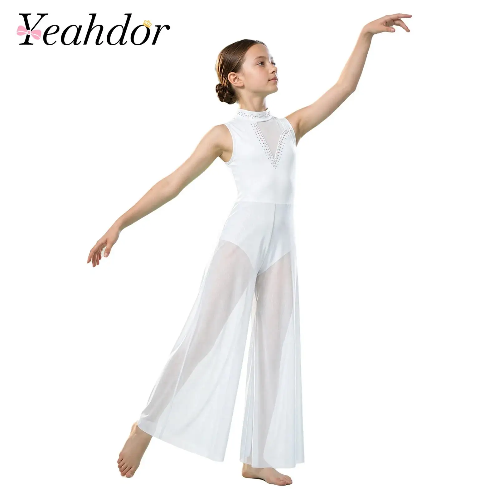 Kids Girls Elegant Lyrical Dance Jumpsuit Sleeveless Patchwork Mesh Bodysuit for Stage Performance Modern Dancewear Jumpsuits