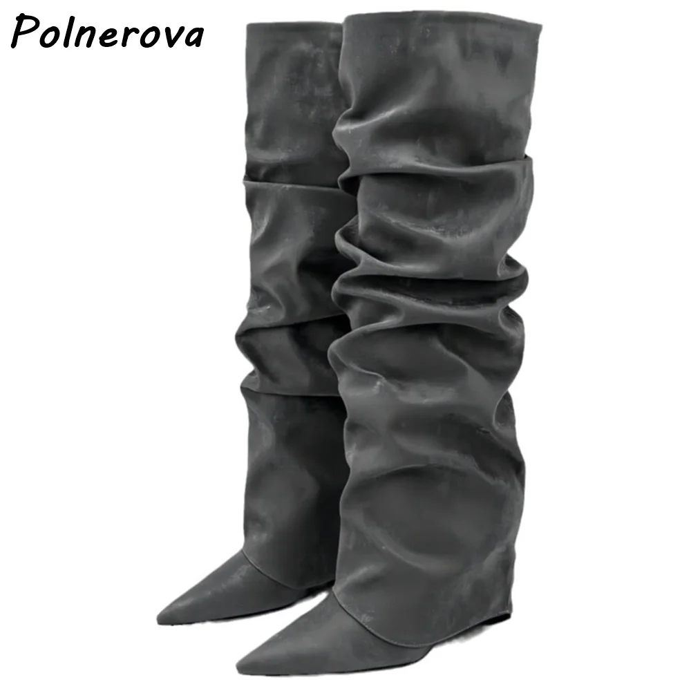 Pleated Turn Over Edged Boots Slip On Pointy Toe Wedges Fashion Knee High Solid Boots Women Winter Warm Concise All Match Shoes
