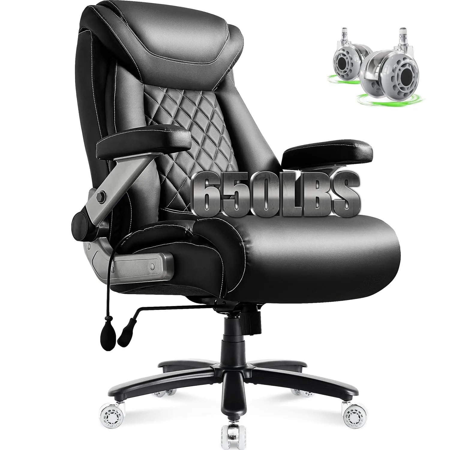 Large Heavy Duty Office Chair 650lbs, Spring Cushion 5D Flip Arm Adjustable Lumbar Airbag Extra Wide Padded Ergonomic Gaming Cha