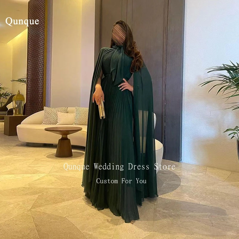 

Qunque Elegant High Neck Green Chiffon Party Evening Dresses With Cape A-Line Floor Length Prom Dress for Women Robes De Soirée