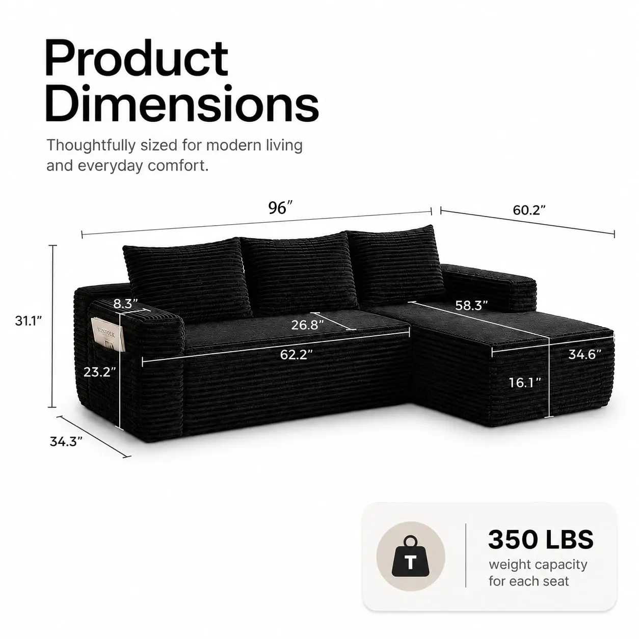 96 inch Boneless Couch, Modular L-Shaped Cloud Sectional Sofa, Black